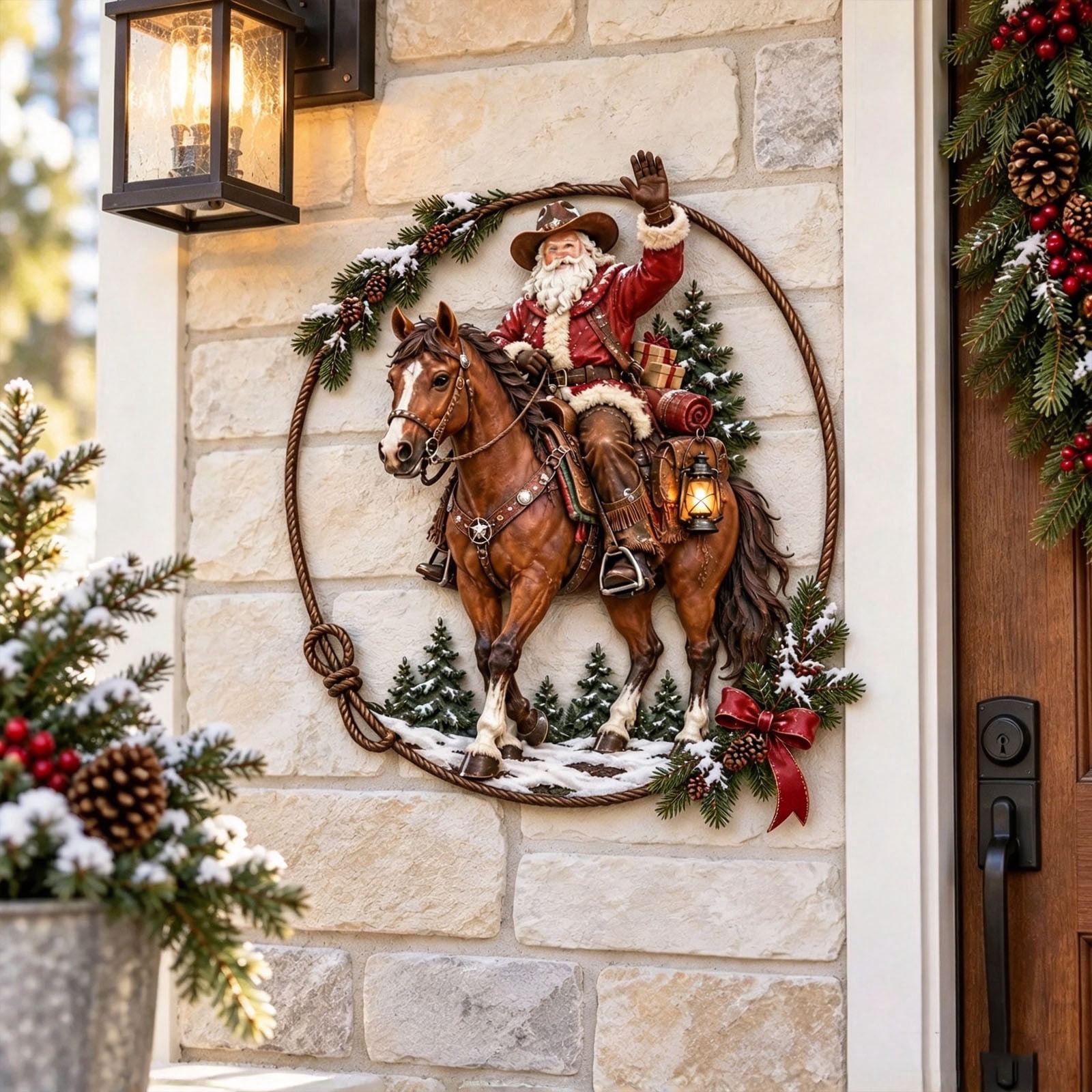 TTJ Western Cowboy Santa Metal Christmas Wall Decor, Santa Riding Horse ...