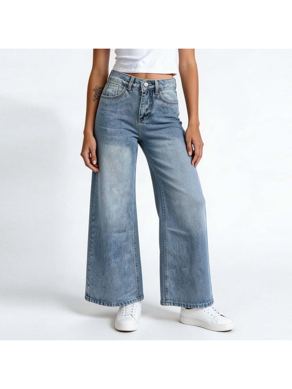 Wide Straight Leg Denim Jeans For Women, Button Zip Front Functional Hip Pockets Full Length Classic Denim Trousers, Loose Comfort Versatile Daily Casual Fashion Bottoms White S