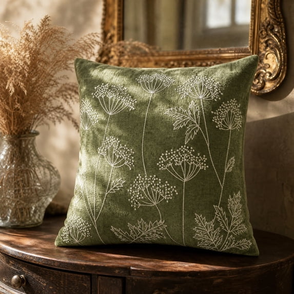 TTJ Wildflower Embroidery Throw Pillow Covers,18x18 Inch Floral Decorative Cushion Case,Chenille Flower Pillowcase for Farmhouse Rustic Sofa Couch Bed Living Room Home Decor(Green)