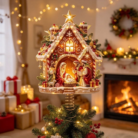 TTJ Wrought Iron Christmas Tree Topper, 7.87 Inch Nativity Scene Tree Decoration with Golden Star and Warm Lights, Religious Holiday Decor for Christmas Tree and Home Display(H)