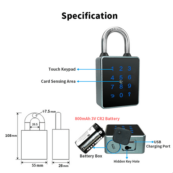 TTLock Password Bluetooth Padlock Touch Screen RFID IC Card Key Home Security Waterproof Cabinet Electronic Padlock