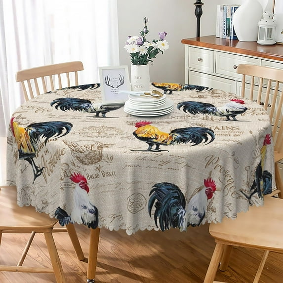 TTQYFNM Rooster Round Tablecloth 70 Inch Vintage Rooster Farm Animals Pattern Circular Table Cloth Spill Proof Oil Proof Fabric Table Cover for Kitchen Dining Room Indoor Outdoor Party Decor C108