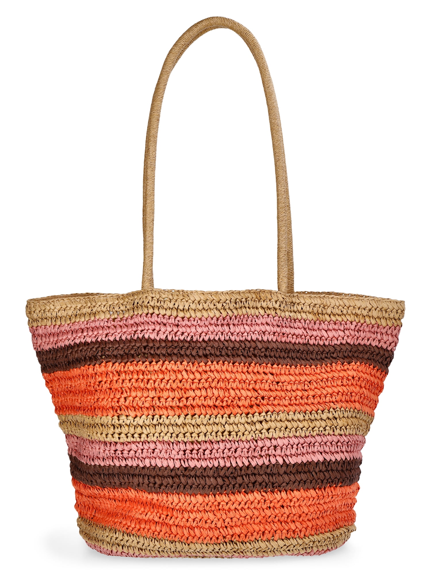 Time and Tru Women's Striped Straw Tote Bag, Peach