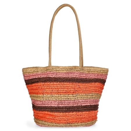 Time and Tru Women's Striped Straw Tote Bag, Peach