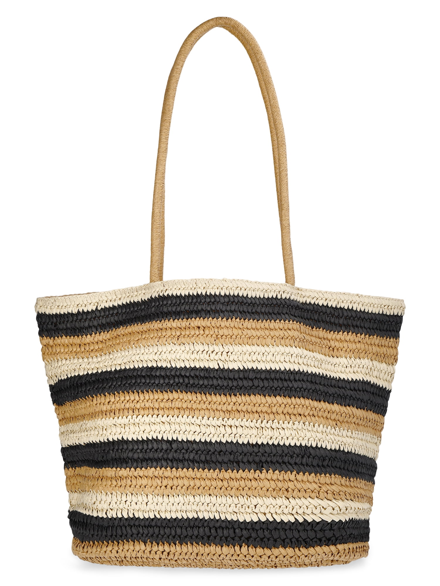 Time and Tru Women's Striped Straw Tote Bag, Natural