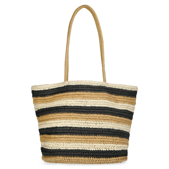 Time and Tru Women's Striped Straw Tote Bag, Natural
