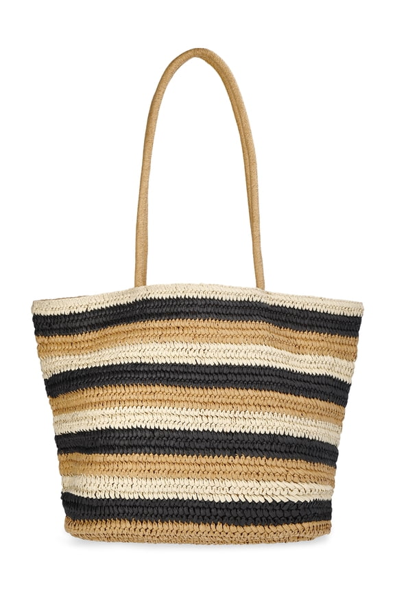 Women's Striped Straw Tote Bag, Natural