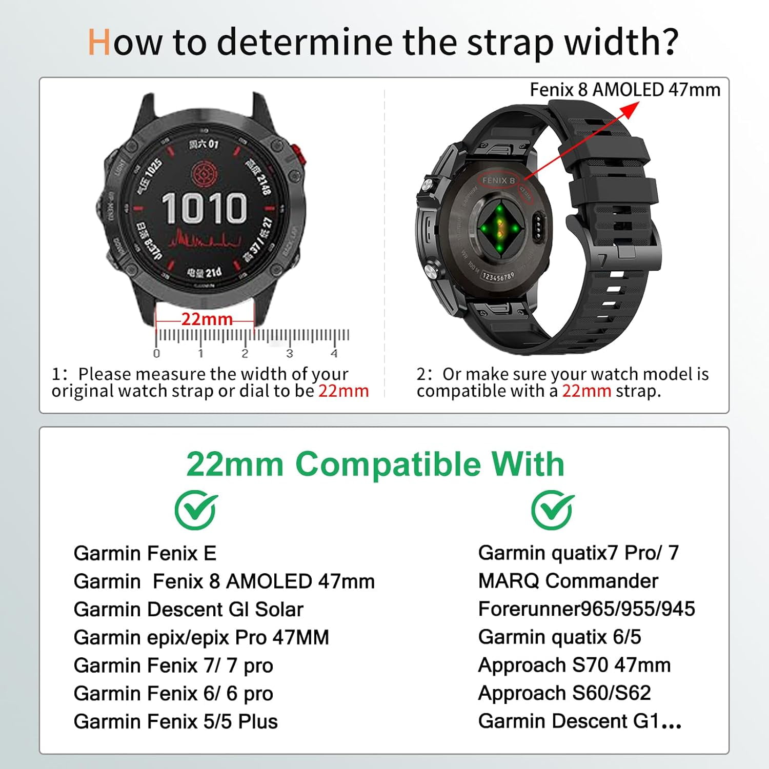 PHYSUN-22mm Compatible with Garmin Fenix8 AMOLED 47mm/Fenix E/Fenix 6 Pro/6/7/7 Pro/5/5 Plus