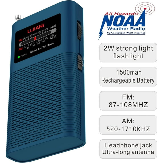 TTTYBA-Pocket Weather Alert Radio NOAA/Am/Fm Portable Transistor Powered 1500MAH Battery with Flashlight Emergency SOS Alarm Best Reception New Version with Backlight