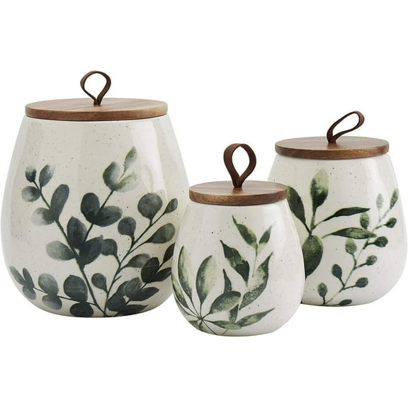 TTU Tabletops Gallery Ceramic Canister Collection- Stoneware Designed Kitchen Storage Acacia Wood White Set, 3 Piece Green Leaf Canister Set