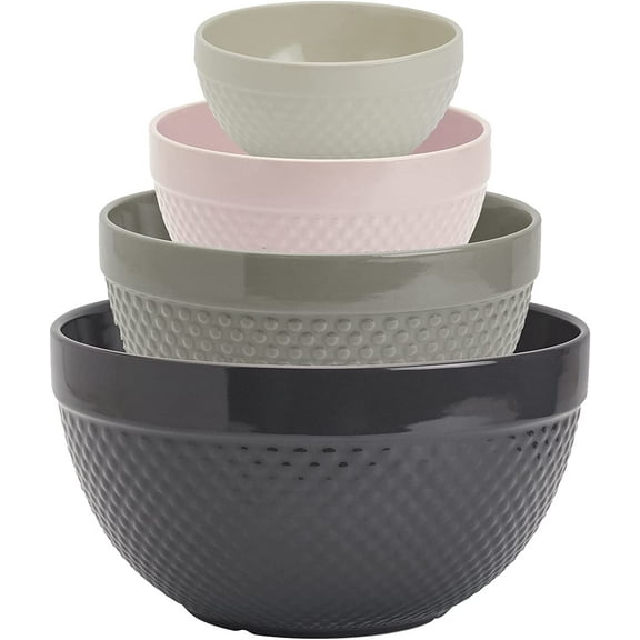TTU Tabletops Gallery Hobnail Style 4 Piece Timeless Grey Stoneware Nesting Mixing Bowl Set for Baking and Cooking