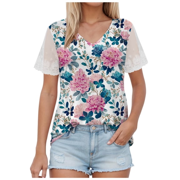 TTUHYWXI 2025 Womens Tops Summer Lace Short Sleeve V Neck Tunic T-Shirts Blouse (Pink, L)