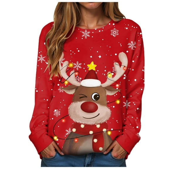 TTUHYWXI 2025 Womens Ugly Christmas Sweatshirt Funny Cute Xmas Tree Reindeer Snowman Tops Long Sleeve Crewneck Sweater (Red, M)