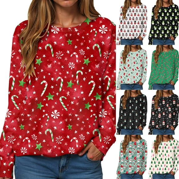 TTUHYWXI 2025 Womens Ugly Christmas Sweatshirts Funny Cute Xmas Tree Reindeer Snowman Tops Long Sleeve Crewneck Sweater (Brick Red, XXL)