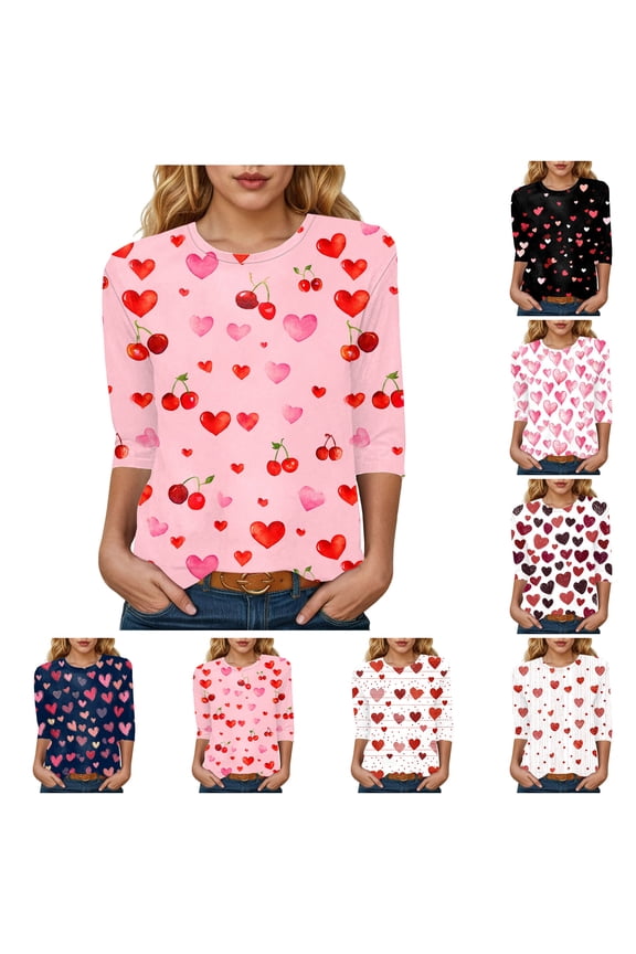 2026 Valentines Day Shirts for Women Funny Love Heart Print Tunic Tops Casual 3/4 Sleeve Crew Neck Blouses Comfy Tee (Navy, L)