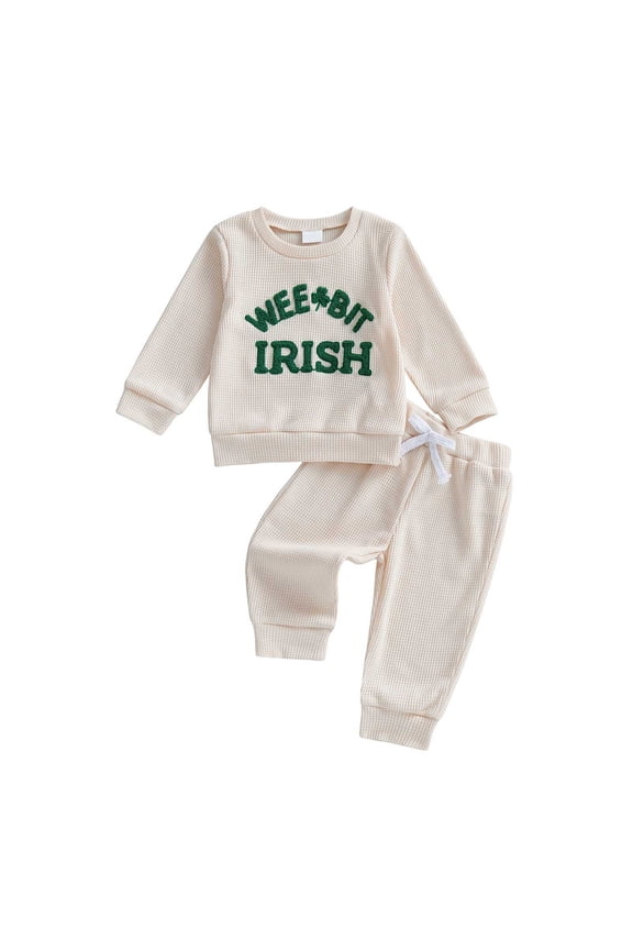 2Pcs Newborn Baby Boy St Patricks Day Outfit Waffle Knit Sweatshirt T-Shirt Top Pants Set Toddler Fall Winter Clothes (Beige, 6-12 Months)