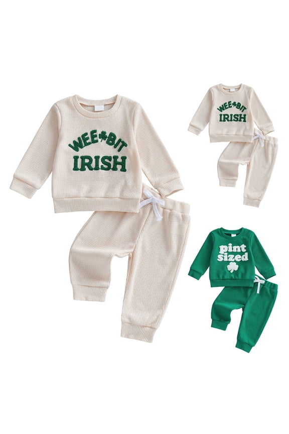 2Pcs Newborn Baby Boy St Patricks Day Outfit Waffle Knit Sweatshirt T-Shirt Top Pants Set Toddler Fall Winter Clothes (Green, 12-18 Months)