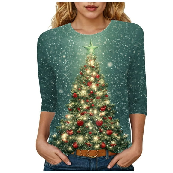 TTUHYWXI 3/4 Length Sleeve Womens Tops Christmas Loose Fit Crewneck T Shirts Cute Solid Three Quarter Length Tunic Tops (Dark Green, XL)