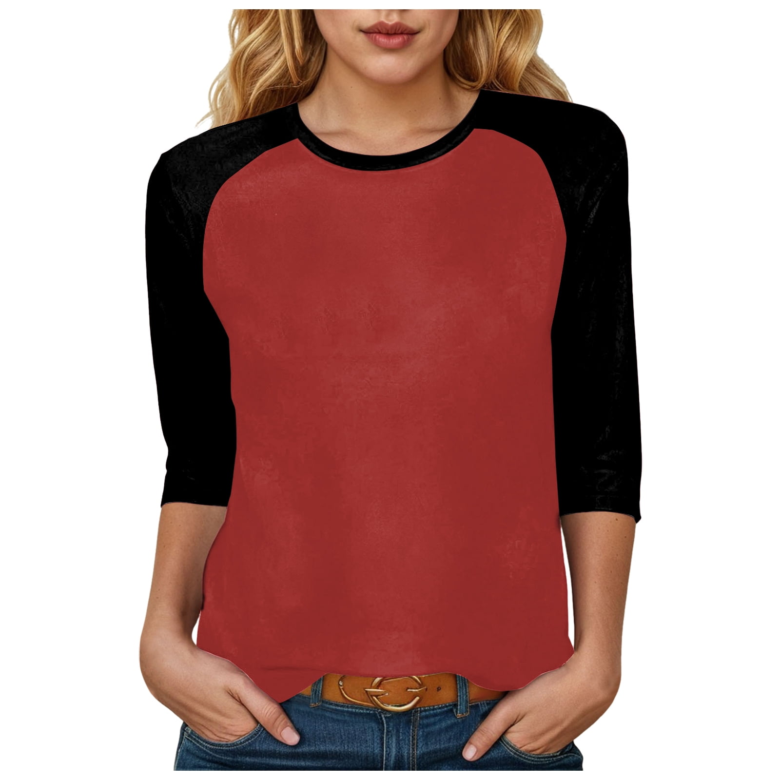 Women's Raglan Baseball Tee - 3/4 Sleeve Round Neck Patchwork Print Blouse, Red - View #4