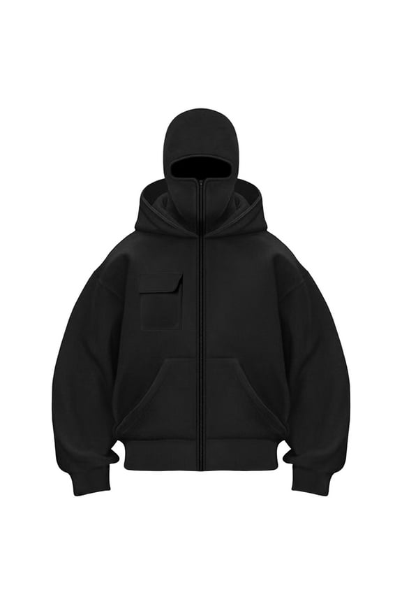 Balaclava Hoodie Jacket for Women Men, Y2K Zip Up Fashion Outerwear Double Layer Hooded Pullover, Winter Hip Hop (Black, L)
