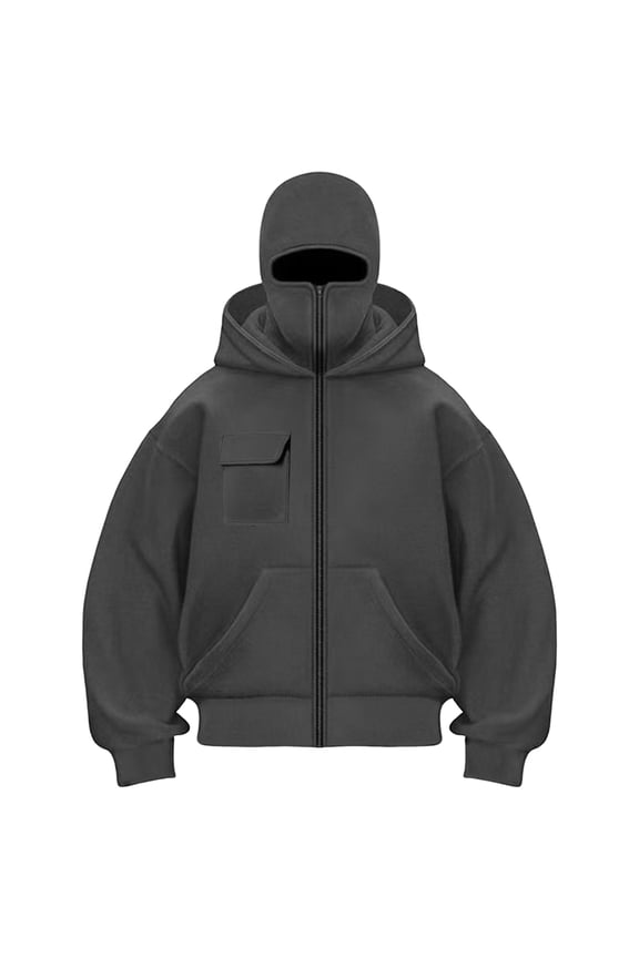 Balaclava Hoodie Jacket for Women Men, Y2K Zip Up Fashion Outerwear Double Layer Hooded Pullover, Winter Hip Hop Streetwear (Dark Gray, XL)