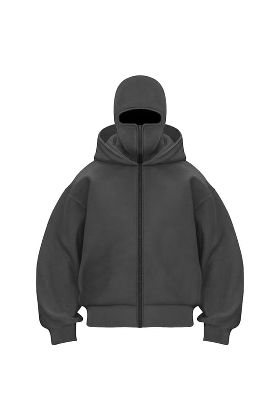 Balaclava Jacket Zip Up Fashion Double Layer Hoodie Hip Hop Outerwear Jacket Y2K Clothing for Men and Women (Dark Gray, L)