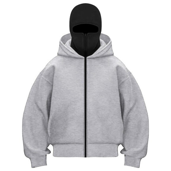 TTUHYWXI Balaclava Jacket Zip Up Fashion Double Layer Hoodie Hip Hop Outerwear Jacket Y2K Clothing for Men and Women (Light Gray, XL)