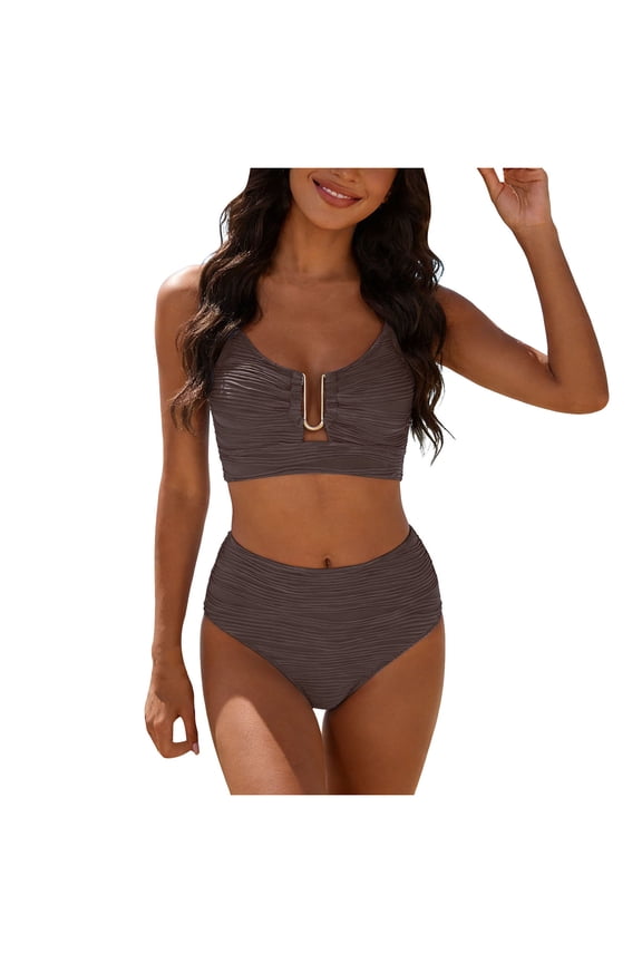 Bikini Sets for Women High Waisted Two Piece Bathing Suit U Wired V Neck Swimsuit Adjustable Straps Swimwear (Coffee, L)