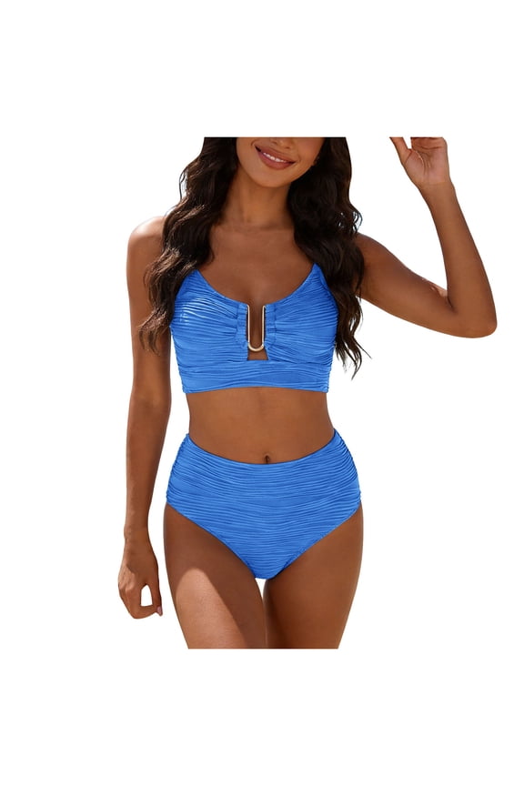 Bikini Sets for Women High Waisted Two Piece Bathing Suit U Wired V Neck Swimsuit Adjustable Straps Swimwear (Dark Blue, L)