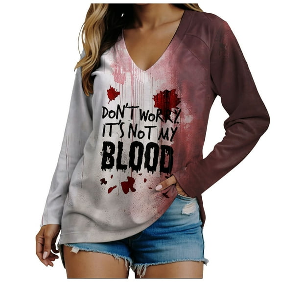 TTUHYWXI T Shirt Women Problem Solved Shirt Halloween Tee Long Sleeve V-Neck Tops Blouse (Red, XXL)
