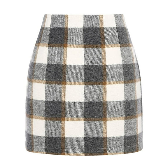TTUHYWXI Bodycon Pencil Wool Mini Skirts for Women High Waist Plaid Skirt (Light Gray, S)