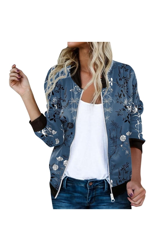 Bomber Jacket Women 2025 Floral Zip Up Zipper Sports Jackets Coats Stand Collar Causal Long Sleeve Lightweight Outerwear Tops (Blue, M)