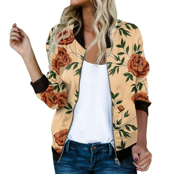 TTUHYWXI Bomber Jacket Women 2025 Floral Zip Up Zipper Sports Jackets Coats Stand Collar Causal Long Sleeve Lightweight Outerwear Tops (Yellow, M)