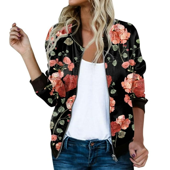 TTUHYWXI Bomber Jacket Women 2025 Floral Zip Up Zipper Sports Jackets Coats Stand Collar Causal Long Sleeve Lightweight Outerwear Tops ( Red, XL)
