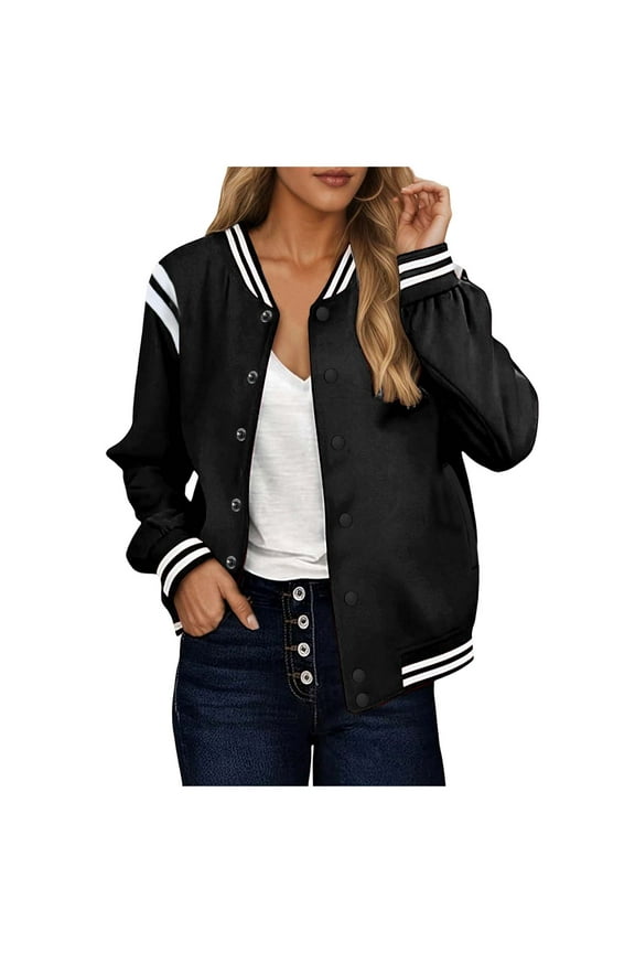 Bomber Jacket Women Varsity Casual Button Down Lightweight Spring Short Outwear with Pockets (Black, 4XL)