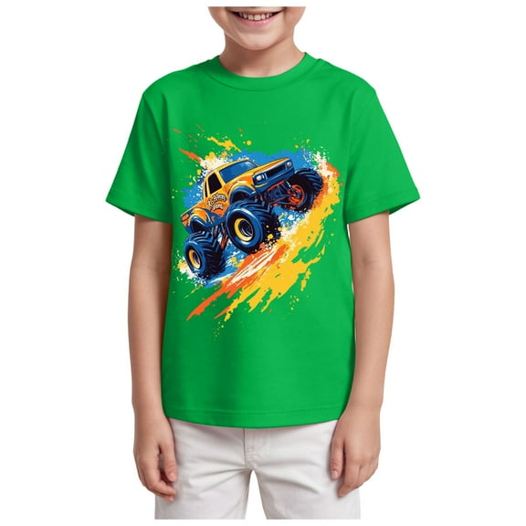 TTUHYWXI Boys T-Shirt Tee for Kids Short Sleeves Shirt Tractor Excavator Monster Truck Tops Clothes Cotton 2-7T (Green, 5-6 Years)