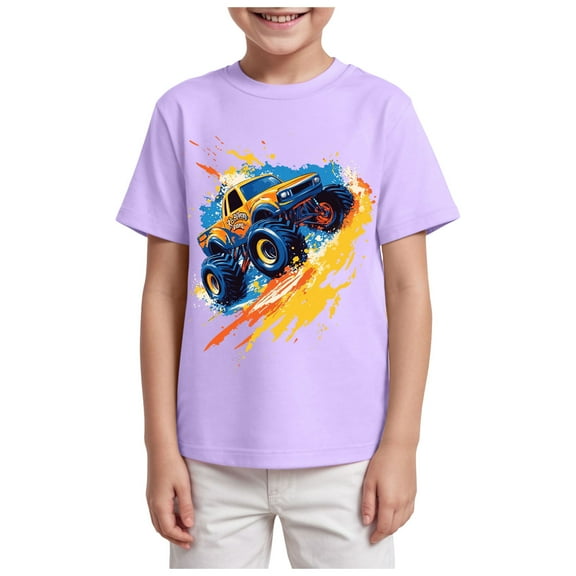 TTUHYWXI Boys T-Shirt Tee for Kids Short Sleeves Shirt Tractor Excavator Monster Truck Tops Clothes Cotton 2-7T (Purple, 5-6 Years)