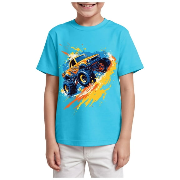 TTUHYWXI Boys T-Shirt Tee for Kids Short Sleeves Shirt Tractor Excavator Monster Truck Tops Clothes Cotton 2-7T (Sky Blue, 5-6 Years)