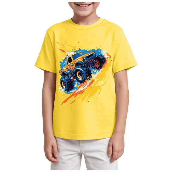 TTUHYWXI Boys T-Shirt Tee for Kids Short Sleeves Shirt Tractor Excavator Monster Truck Tops Clothes Cotton 2-7T (Yellow, 5-6 Years)