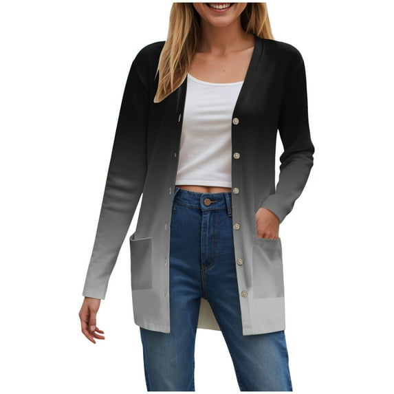 TTUHYWXI Cardigan Sweaters for Women Lightweight Open Front Long Sleeve Cardigan with Pocketes Fall Trendy Gradient Clothes (Black, S)