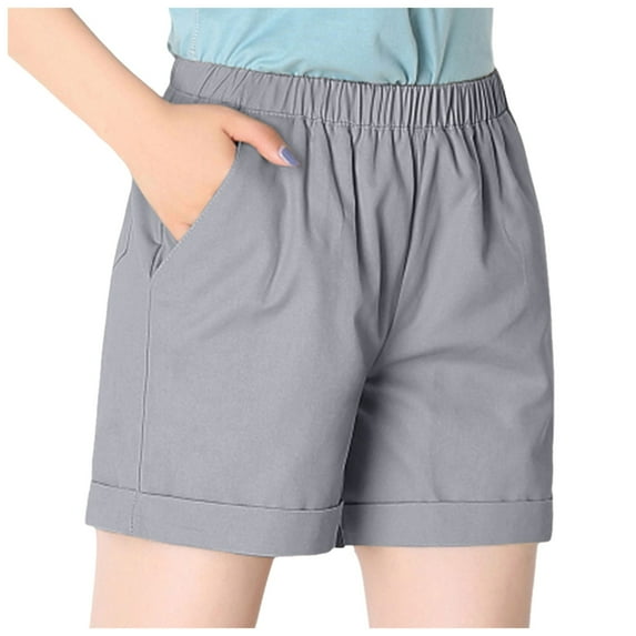TTUHYWXI Casual Shorts for Women Elastic Waist Comfy Summer Pull On Solid Color Short with Pockets (Grey, L)