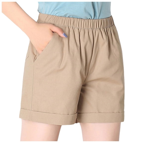 TTUHYWXI Casual Shorts for Women Elastic Waist Comfy Summer Pull On Solid Color Short with Pockets (Khaki, M)