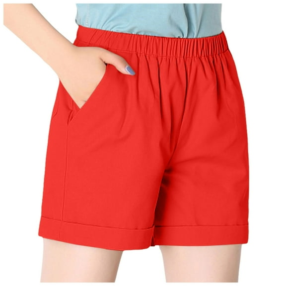 TTUHYWXI Casual Shorts for Women Elastic Waist Comfy Summer Pull On Solid Color Short with Pockets (Orange, S)