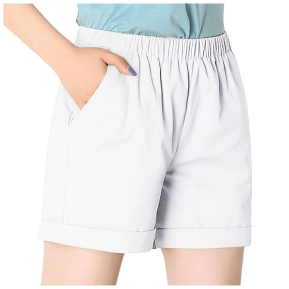TTUHYWXI Casual Shorts for Women Elastic Waist Comfy Summer Pull On Solid Color Short with Pockets (White, S)