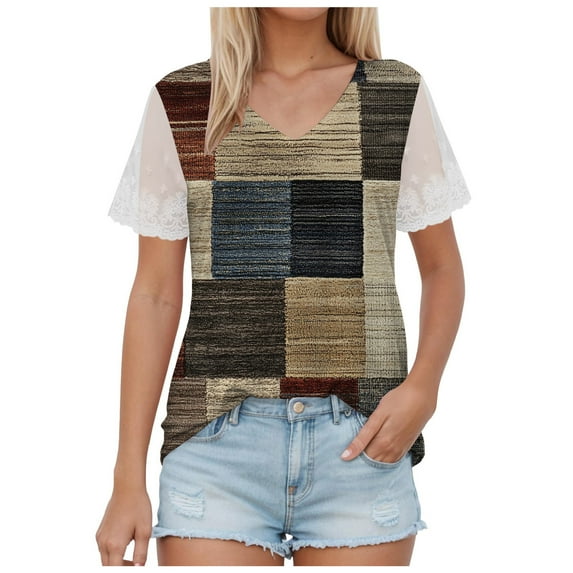 TTUHYWXI Casual V Neck T Shirts for Women Lace Short Sleeve Curved Hem Tops Loose Fit (Brown, L)