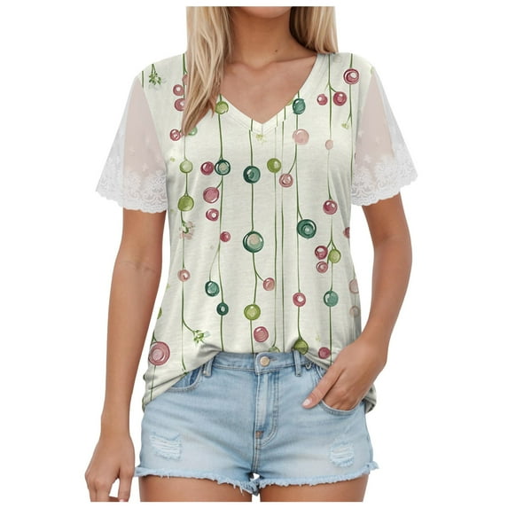 TTUHYWXI Casual V Neck T Shirts for Women Lace Short Sleeve Curved Hem Tops Loose Fit (Green, XL)