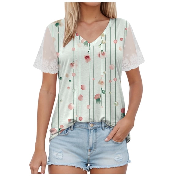 TTUHYWXI Casual V Neck T Shirts for Women Lace Short Sleeve Curved Hem Tops Loose Fit (Light Green, XL)
