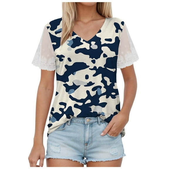 TTUHYWXI Casual V Neck T Shirts for Women Lace Short Sleeve Curved Hem Tops Loose Fit (Navy, L)