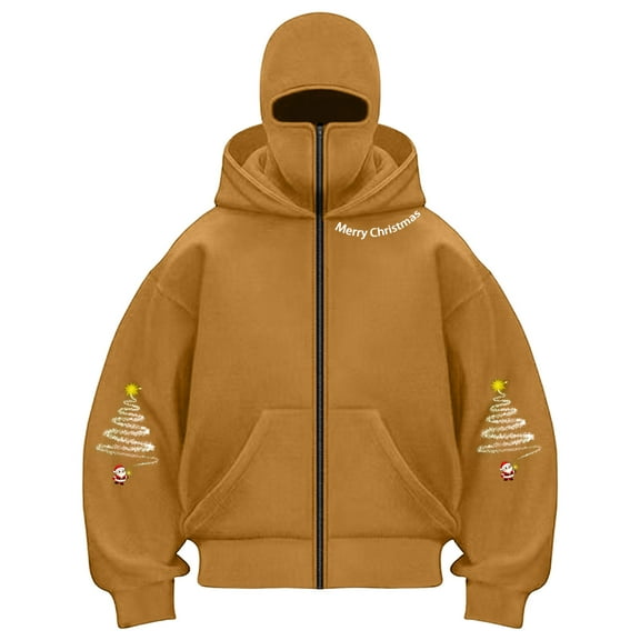 TTUHYWXI Christmas Balaclava Hoodie Zipper Winter Hoodies for Men Women Trendy Double Layer Hooded Sweatshirt Fleece Zip Jacket (Coffee, XL)