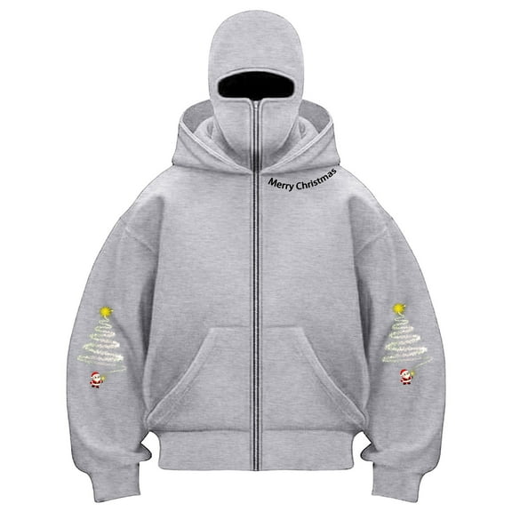 TTUHYWXI Christmas Balaclava Hoodie Zipper Winter Hoodies for Men Women Trendy Double Layer Hooded Sweatshirt Fleece Zip Jacket (Light Gray, XL)
